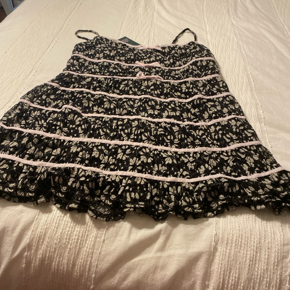 Black and White Floral Dress with Pink Accents Slip Dress